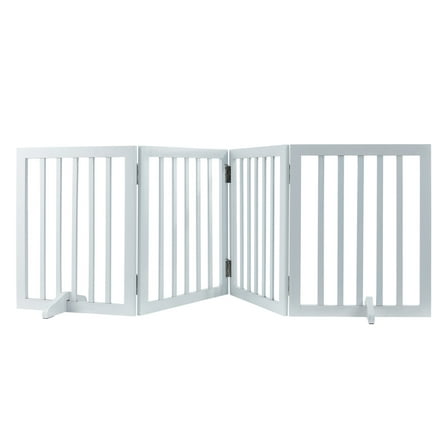KFFKFF Indoor Dog Barrier, 24"H x 80.3"W, Quiet Foot-Stand, 4-Panel Expandable Fence for Pets, Fits Multiple Spaces, White