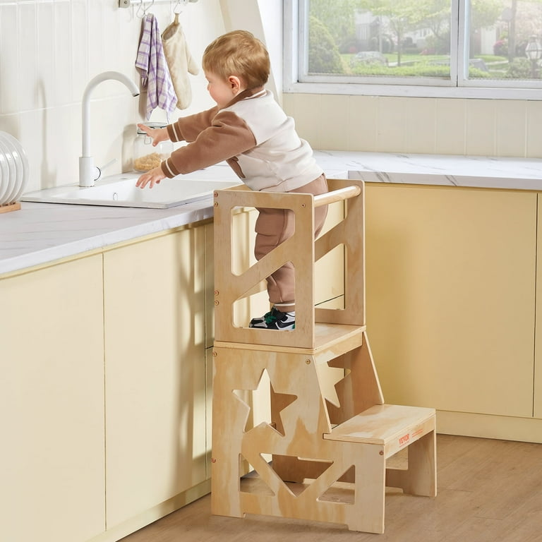 Skyshalo Toddler Step Stool Pine Wood Yellow Size 34 x 15.3 x 19.1