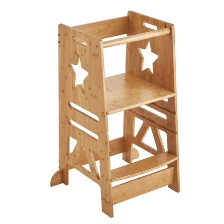 KFFKFF Kids Toddler Step Stool, 3-Level Height Adjustable Toddlers Standing Tower for Kids, 350LBS Loading Toddler Kitchen Stool Helper & Safety Rail, Bamboo Tower Learning Stool for Counter