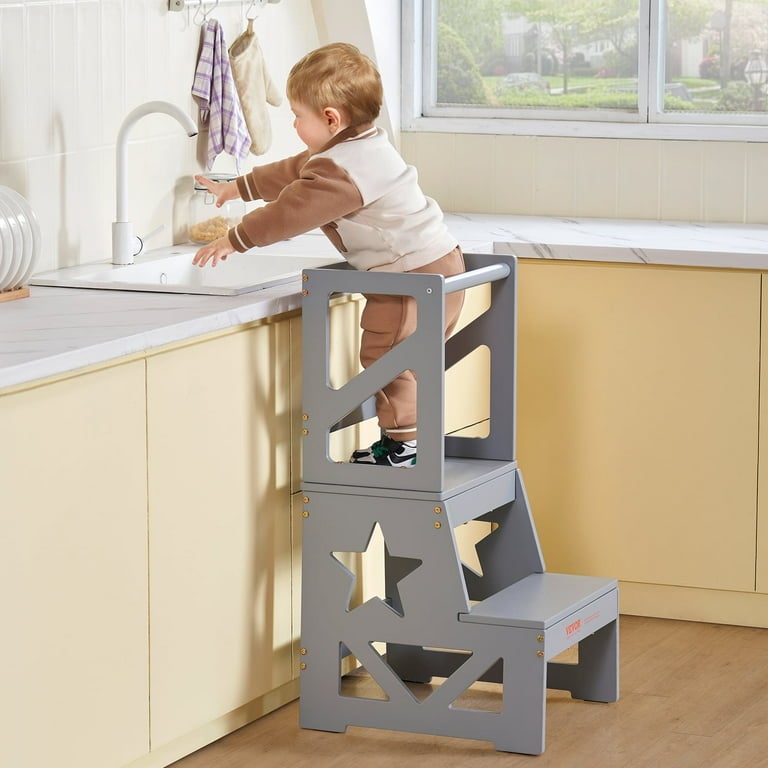 SKYSHALO Toddler Natural Pine Wood Kitchen Helper Step Stools, 34 