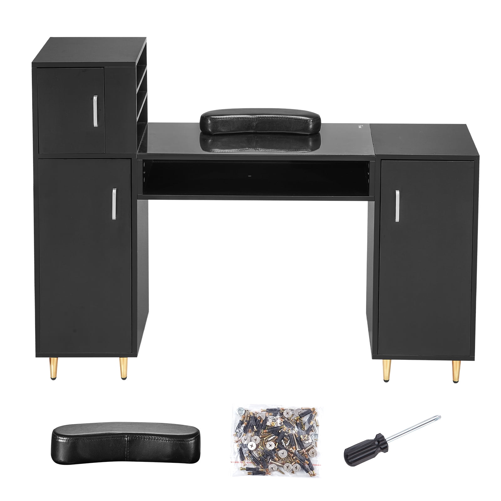 KFFKFF Manicure Station, Durable Glass Surface Nail Desk, Beauty Salon Nail Workstation with Storage, Acetone-Safe Technician Table, Includes Wrist Support, 8 Sturdy Legs, in Sleek Black