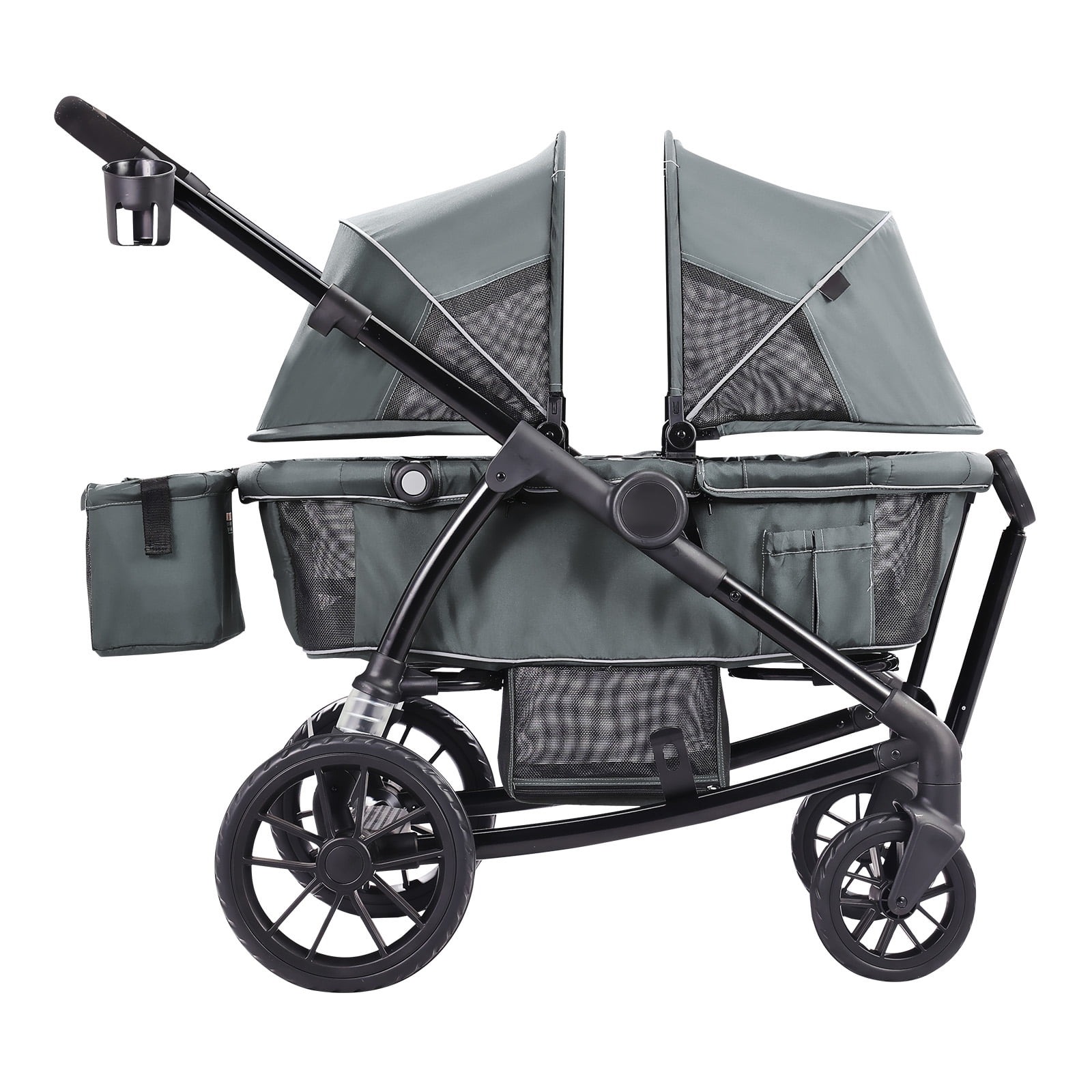 SKYSHALO Multi-Terrain Wagon-Stroller Combo, Dual-Seating, Easy Fold Design with Sunshade, Storage Pouch, Beverage & Snack Tray, 55lbs Capacity per Seat, in Sleek Dark Grey/Black