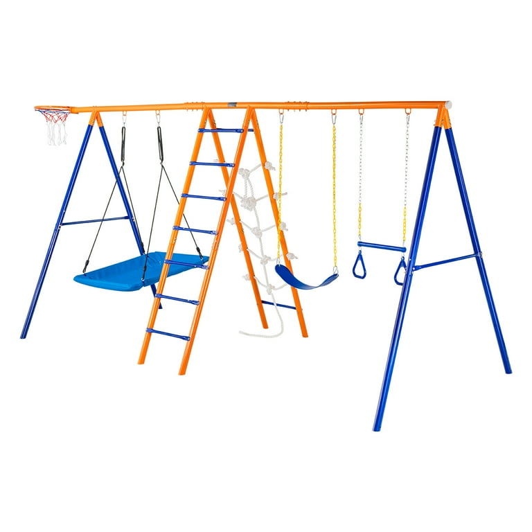 KFFKFF Outdoor Swing Set, 6-Feature Combo with Dual Swings