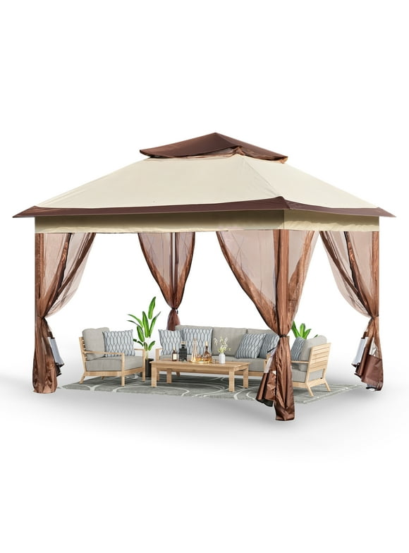 SKYSHALO Patio Gazebo 11 x 11 FT Pop up Gazebo Tent for 8-10 Person, UPF 50+ protection, Wind and Rain Resistance, Effective Bug Control, PU Coated 250D Oxford Cloth, Outdoor Canopy Shelter