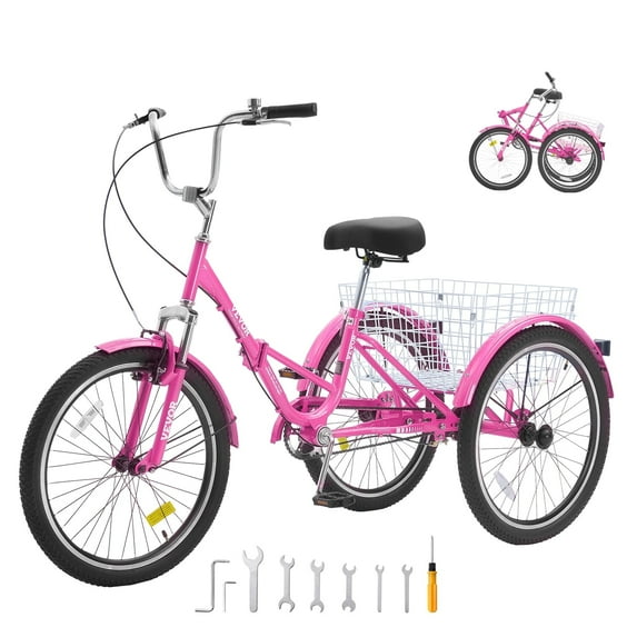 KFFKFF Pink Carbon Steel 26" Folding Tricycle with Rear Carrying Basket