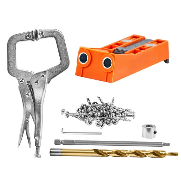 KFFKFF Pocket Hole Jig, 56 Pcs Mini Jig Pocket Hole System with 9" C-clamp, Step Drill, Wrench, Drill Stop Ring, Square Drive Bit, and Screws, for DIY Carpentry Projects