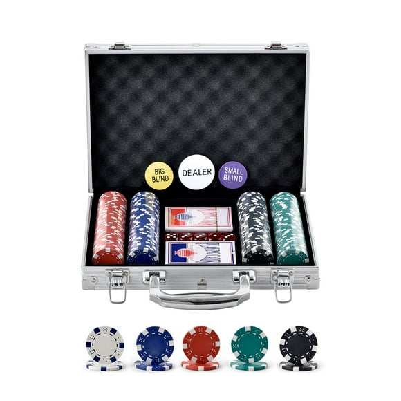 KFFKFF Poker Kit, 200 Chips, Full Texas Hold'em & Blackjack Set, Includes 11.5g Casino-Quality Chips, Cards, Dice, Buttons, in Aluminum Case