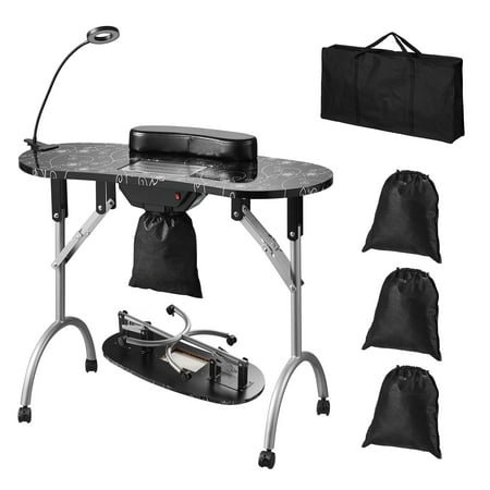 KFFKFF Portable Manicure Table, Portable & Foldable Nail Desk Workstation with Electric Dust Collector, Moveable Nail Tech Desk & 4 Wheels, 3 Dust Bags, Bendable LED Lamp, MDF Nail Art Workstation