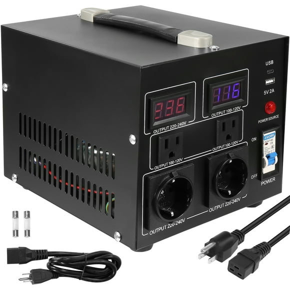 SKYSHALO Power Converter, 2000W, Durable Step Up/Down Unit, Switches between 110V and 220V, Includes US and EU Outlets plus 5V USB Port, CE Approved