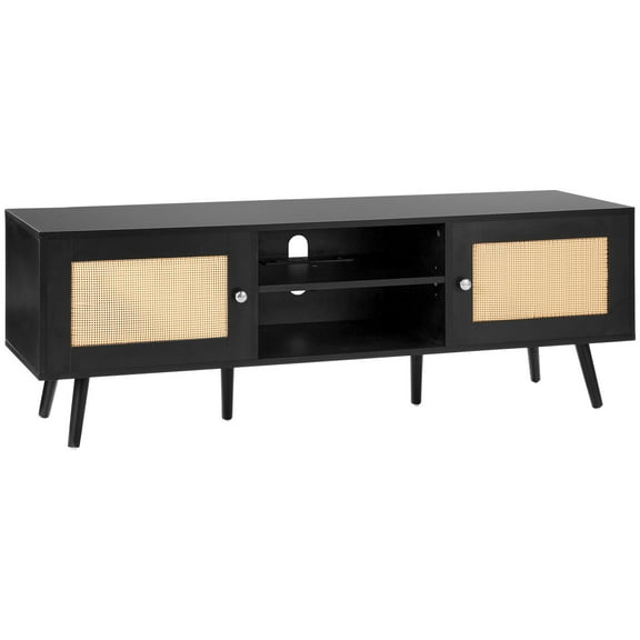 KFFKFF Rattan Media Console for 65" TVs, Bohemian TV Cabinet with Woven Door, Entertainment Hub with Integrated Socket and USB, Contemporary Design for Lounge, Media Space, Black