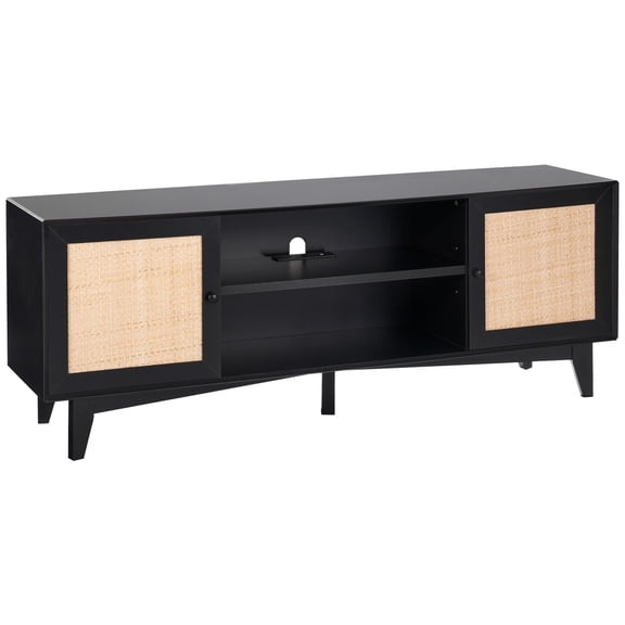 SKYSHALO Rattan Television Stand for 75-inch Screens, Bohemian Style TV Cabinet with Rattan Front, Integrated Outlet Entertainment Unit, Contemporary Design for Lounge, Media Space, in Black