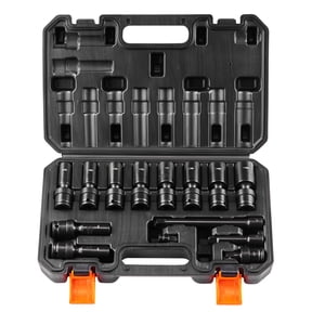 KFFKFF Rotating Impact Socket Kit, 14PC Universal Set - 3/8" Drive Deep Metric 10-19mm, 6PT Cr-Mo Alloy Steel, Auto Repair, Clear Size Labels, Durable Build