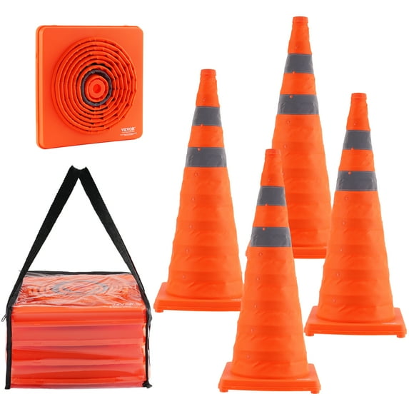 KFFKFF Safety Cones 4 pcs 28" Collapsible Traffic Cones with Reflective Collars for Parking Lot, Road Parking, Driving Practice, Roadside Emergency and Vehicle Safety, Orange, 4 Pack