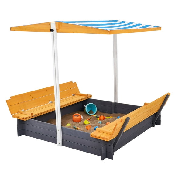 KFFKFF Sandbox with Shade, 57.3x47.2x47.2 in, Foldable Seating, Bottom Liner, Natural Wood, Outdoor Play Area for Children 3-12, Ideal for Garden, Park, Beach