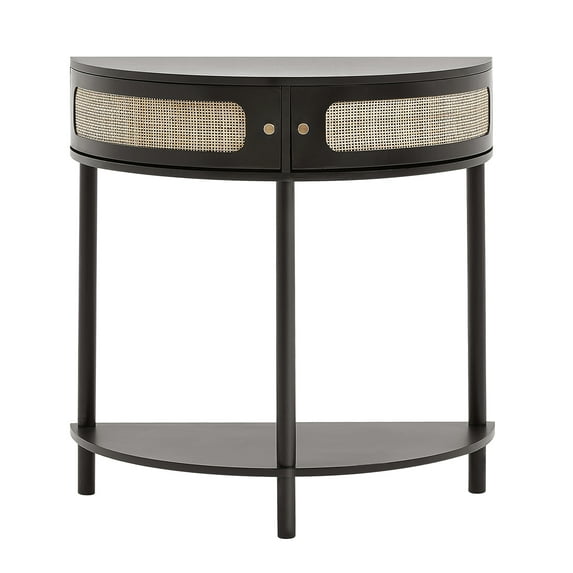 KFFKFF Semi-Circle Rattan Accent Table with Dual Drawers, Entryway Rattan Table Featuring Sliding Natural Rattan Door, Storage-Friendly Table for Lounge, Study, Foyer, or Media Wall, in Black