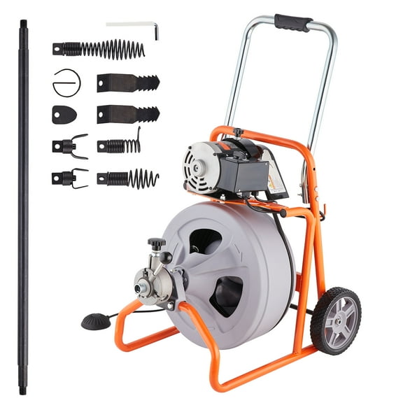 KFFKFF Drain Cleaning Machine 75FT x 1/2 Inch with Auto Feed, Mobile Drain Clearing Equipment, Includes 8 Cutters & Foot-operated Air Switch, Suitable for 2"-4" Pipes