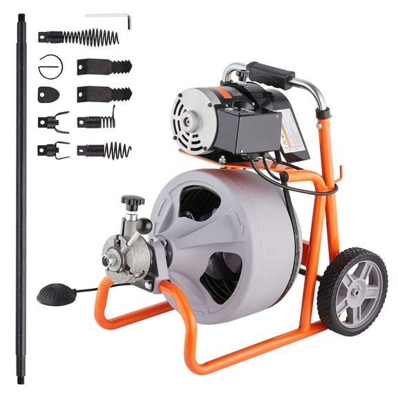 KFFKFF Sewer Line Cleaner, 75FT x 3/8 Inch, Self-feeding, Mobile Unit with 8 Blades & Pneumatic Foot Pedal, Cleans Pipes 2"-4"