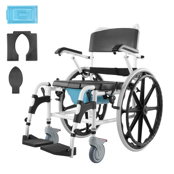 SKYSHALO Shower Chair, 17.5in Wide, Aluminum, for Bathroom Use, Height-Adjustable, Mobility Aid with Brakes, Supports up to 300 lbs, for Adults with Disabilities, Shower and Commode Chair