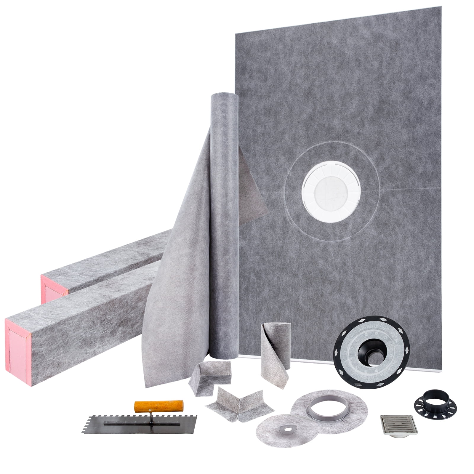 SKYSHALO Shower Kit 38 in. x 60 in. Center Shower Kit in ABS with 4" Stainless Steel Drain Grate, 2 Cuttable Shower Curb and Trowel, Shower Pan Slope Sticks Fit for Bathroom