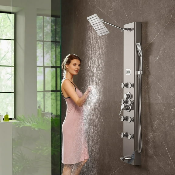 KFFKFF Shower Panel 6 Modes Digital Tower System Display Stainless Steel Rainfall