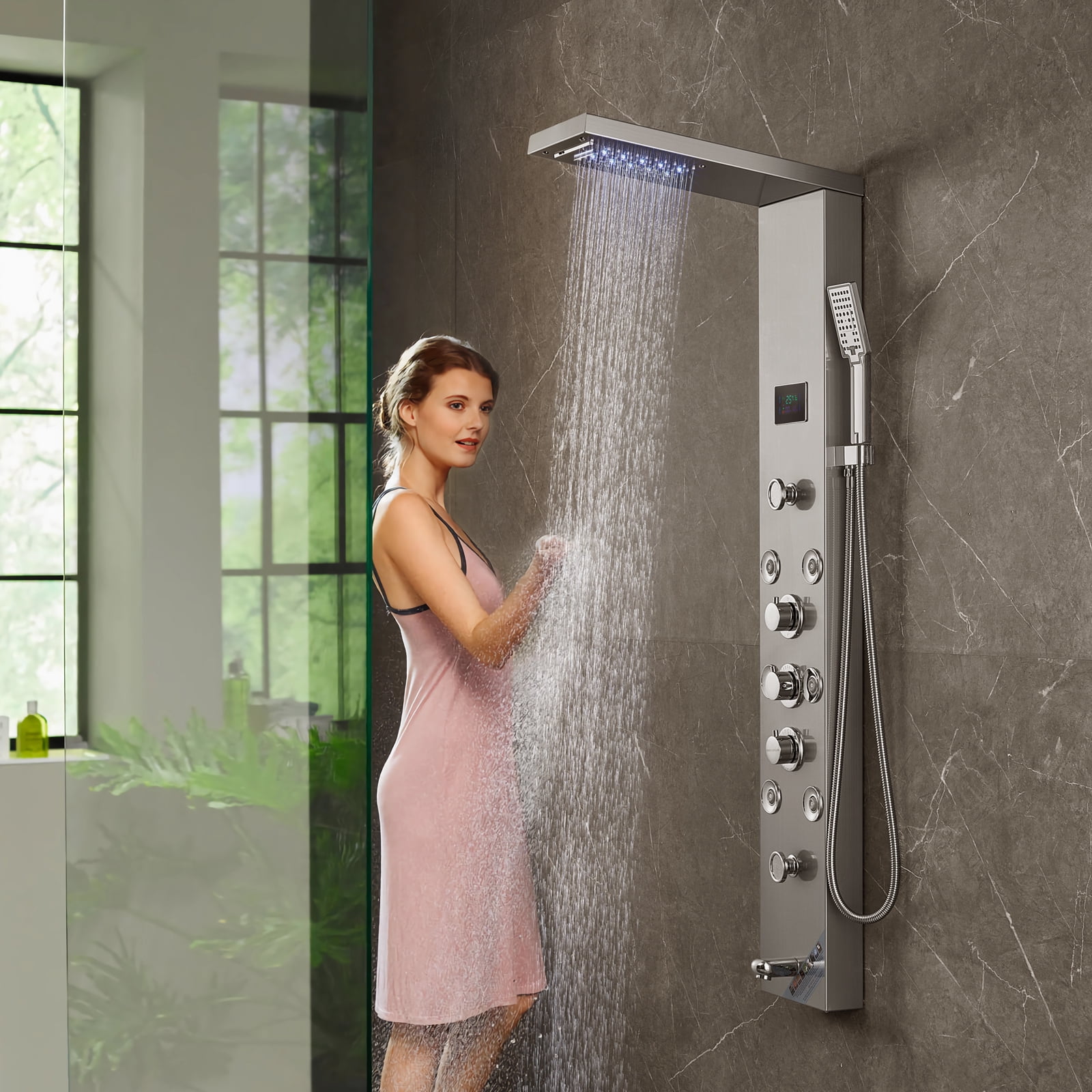 KFFKFF Shower Panel Tower System 6 Modes Hydroelectricity LED Stainless Steel