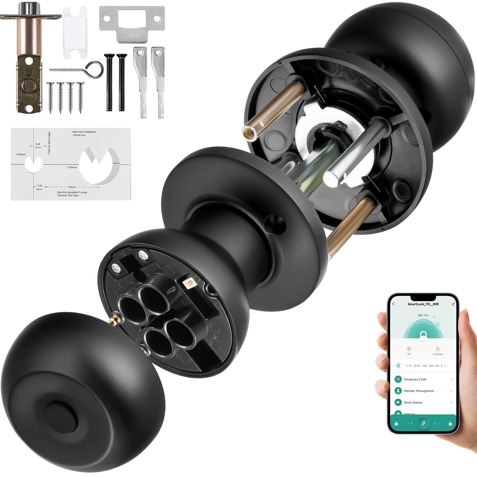 KFFKFF Smart Door knob, Fingerprint Smart Lock Biometric Door knob with App Control, Great for Bedrooms,Cloakroom,Apartments Offices,Hotels Matte Black