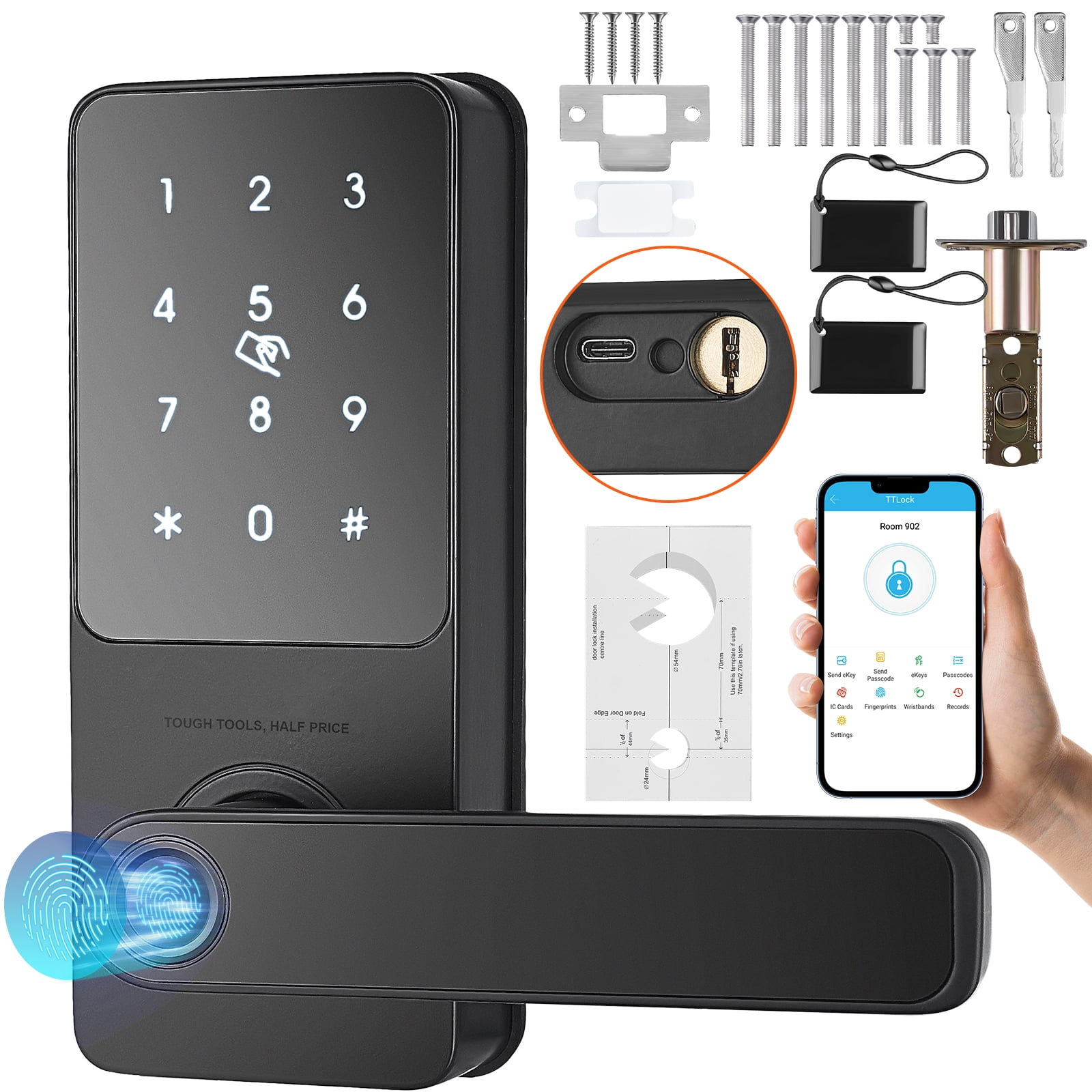 SKYSHALO Smart Lock, Keyless Entry Door Lock with Handle, APP Control Fingerprint Door Lock, 7-in-1 Smart Locks for Front Door, Electronic Digital Lock with Keypad