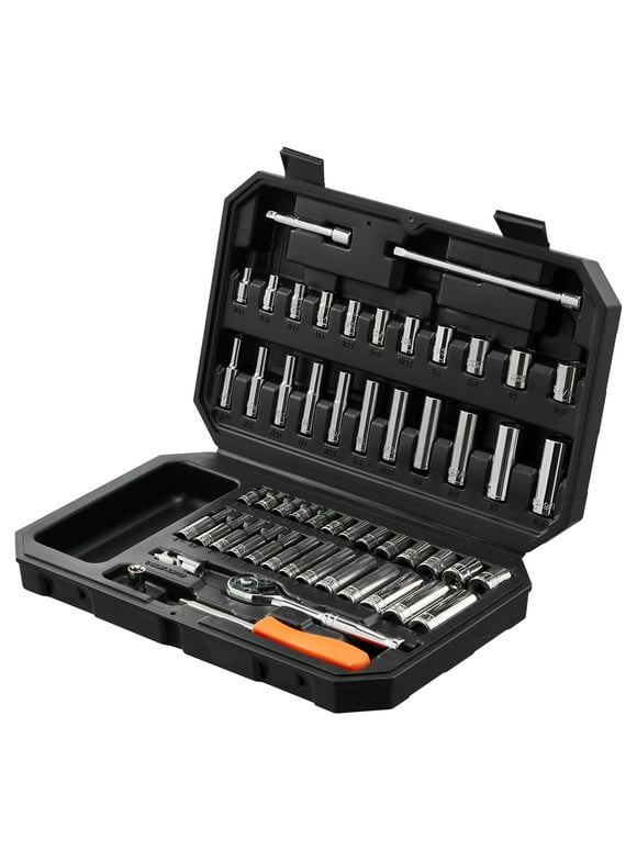 SKYSHALO Socket Set, 1/4" Drive Socket and Ratchet Set,6-Point Socket and Ratchet Set, 54 Pieces Tool Set SAE and Metric( 5/32-9/16 in., 4-14 mm), Deep and Standard Sockets for Automotive Repairs