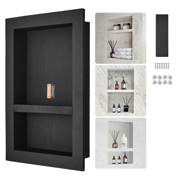 KFFKFF Tile-Ready Shower Niche 16" x 24", Dual Shelf, Square Corner, Wall Recessed Organizer, Sealed for Modern Bathroom Soap Storage, Black