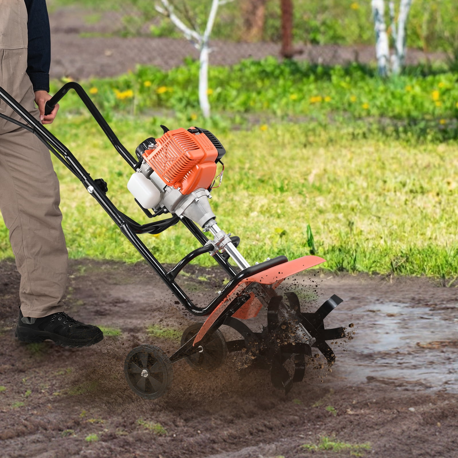 SKYSHALO Tiller Cultivator Gas Powered 31CC 4 Stroke Garden Cultivator Lawn Garden