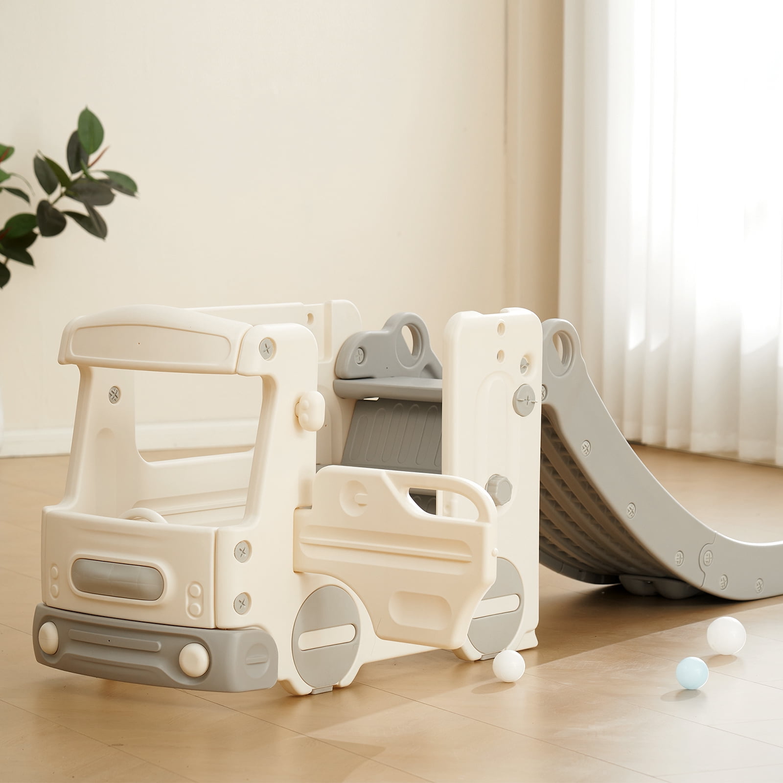 KFFKFF Toddler Slide for Indoor and Outdoor, Freestanding Kids Slide with Bus Playhouse for Toddler Playground Slipping Slide Climber Toy Playset