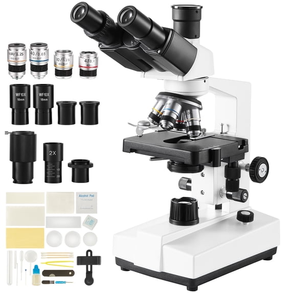 SKYSHALO Trinocular Compound Microscope, Magnification Range 40X-5000X with Dual-Layer Mechanical Stage, Connectivity Options, LED Light Source, and Included Microscope Slides