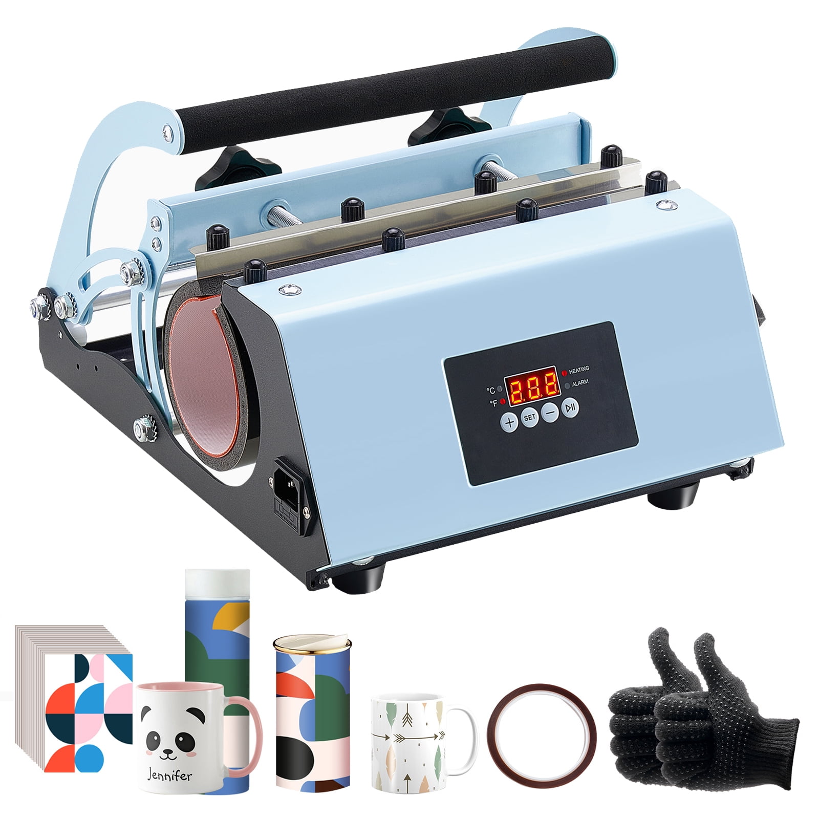 KFFKFF Tumbler Heat Press, 11-30oz Capacity, Quick and Uniform Heating, Includes Sublimation Paper, Tape, Gloves, Adjustable Temperature and Timer, Suitable for Tumblers, Cups, Mugs, Blue