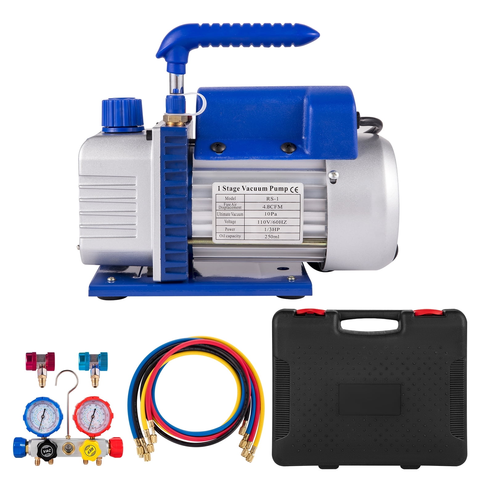 SKYSHALO Vacuum Pump 4.8CFM 1/4 HP Single Stage HVAC A/C Refrigeration Kit 5PA Ultimate Vacuum Manifold Gauge Set R410A R134A R22 HVAC AC, 4-Way Manifold Gauge and Hose for Air Conditioning Systems