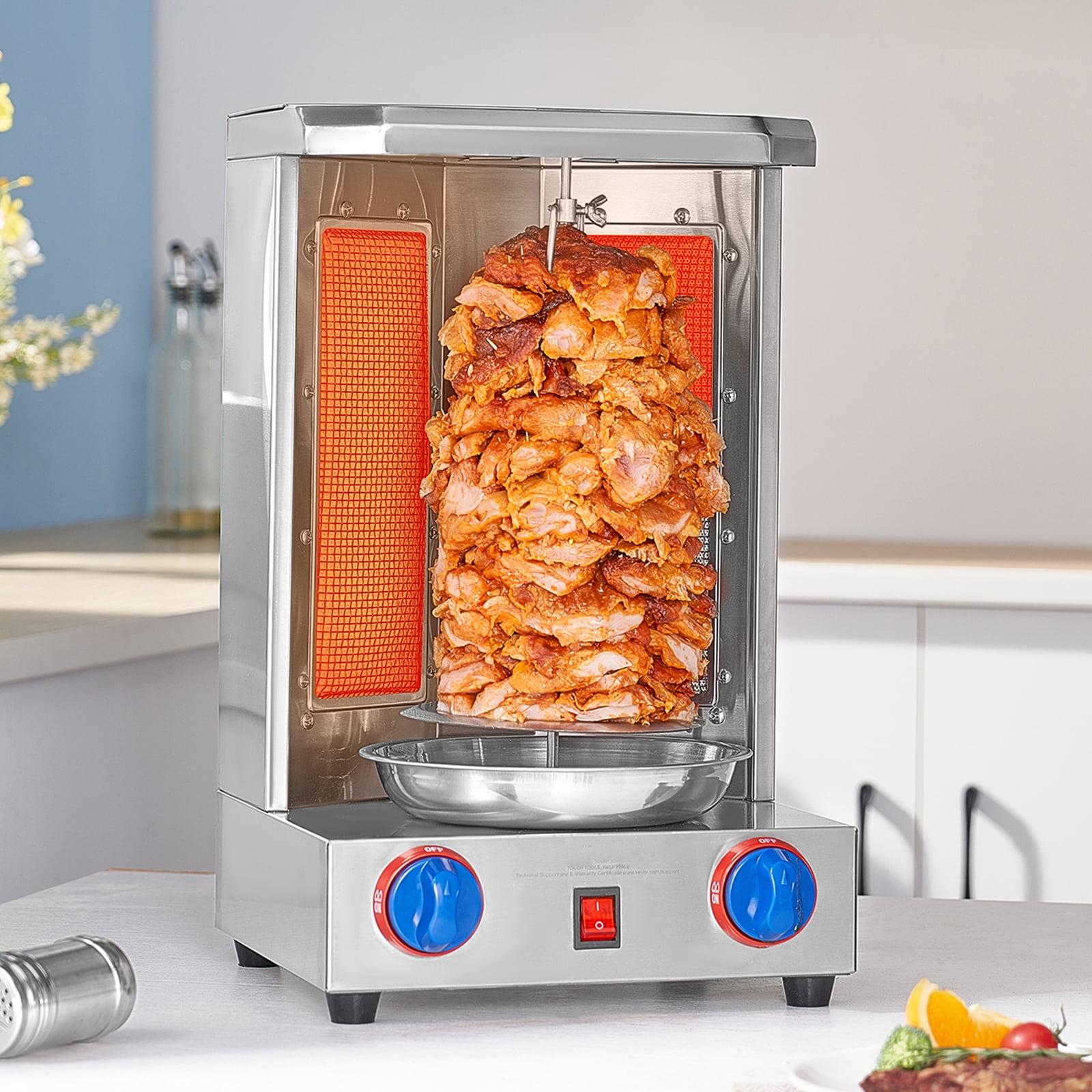 KFFKFF Vertical Chicken Grill Gas Shawarma Grill Machine Countertop BBQ Rotisserie Stainless Steel Body wih 2 Burners for Restaurant Dinner Home Kitchen