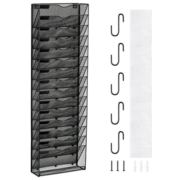 KFFKFFWall File Rack, 16-Slot Single Piece Mesh Organizer, Wall-Hanging Magazine, Mail, Paper & Document Holder, Metal Storage with Label Tags, Ideal for Office, Home & School Use
