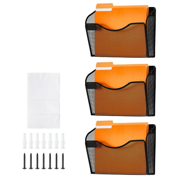KFFKFF Wall File Rack, 3-Section Single Pocket Mesh Organizer, Wall-Hanging Magazine, Mail, Paper & Document Holder, Metal Storage with Label Tag, for Office, Home & School Use