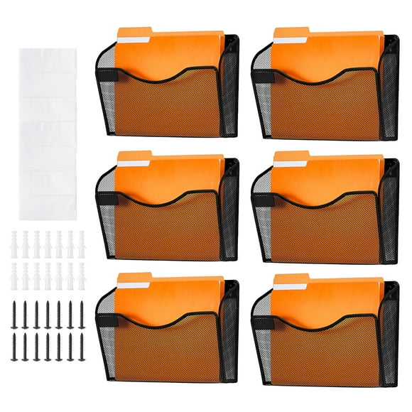 KFFKFF Wall File Rack, 6-Unit Single Pocket Mesh Organizer, Wall-Hanging Magazine, Mail, Document & Paper Storage Folder, Metal Wall-Mounted File Holder with Name Tag Slot