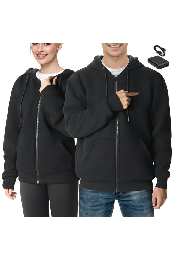 Warm Zip-Up Hoodie, Unisex Electric Sweatshirt with 7.4V Battery, 5 Heat Zones, Lightweight for Outdoor Activities, Camping, S Black