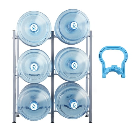 KFFKFF Water Bottle Organizer, 3-Level, 5 Gallon Jug Stand, Dual-Row, Metal Storage Rack for 6 Jugs, Durable for Kitchen, Office, Living Space, Silver