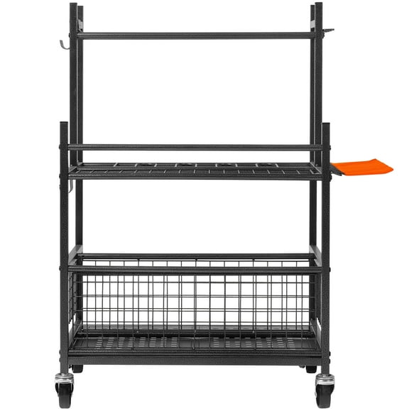 KFFKFF Yard Equipment Holder, 16 Compartments & Hooks, Mobile Metal Rack for Organizing Garden Tools in Garage, Supports Rakes/Brooms, Ideal for Outdoor Shed Storage