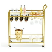 SKYSHALO  with Wine Rack Glass Holder 120 lbs 2 Tiers Gold Metal Bar Serving Cart