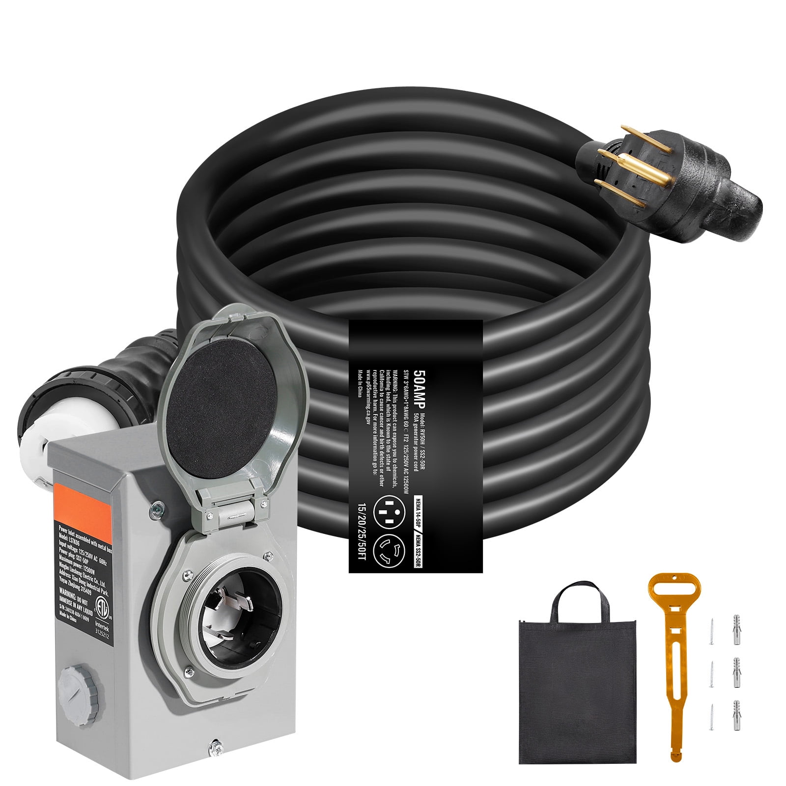 SKYSHALOGenerator Cord with Inlet Box, 20FT 50 Amp, RV Extension Cord NEMA 14-50P/SS2-50R, 6/3+8/1 AWG, Twist Lock Generator Cord with Inlet Box, Pre-Drilled Power Inlet Box, ETL Certified