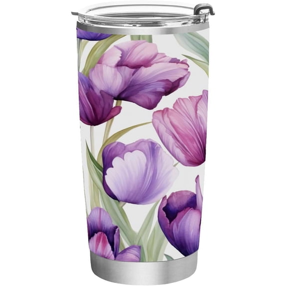 SKYSONIC 12oz Tumbler with Lid and Straw Purple Tulip Stainless Steel Double Wall Vacuum Insulated Coffee Travel Mug Leakproof Reusable Coffee Ice Cup