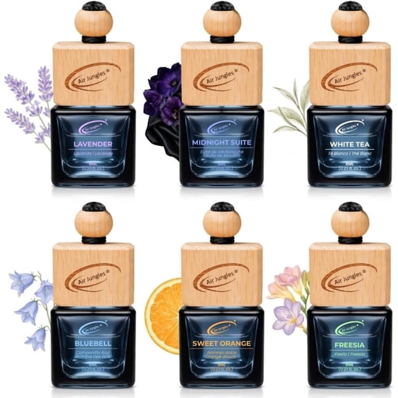 Air Jungles Car Air Freshener Hanging Diffuser 6 Ct, Variety Pack, 8 ml Each, Natural Essential Oil, Everyday Freshness Fragrance, Auto Accessories for Men and Women, For Rearview Mirror