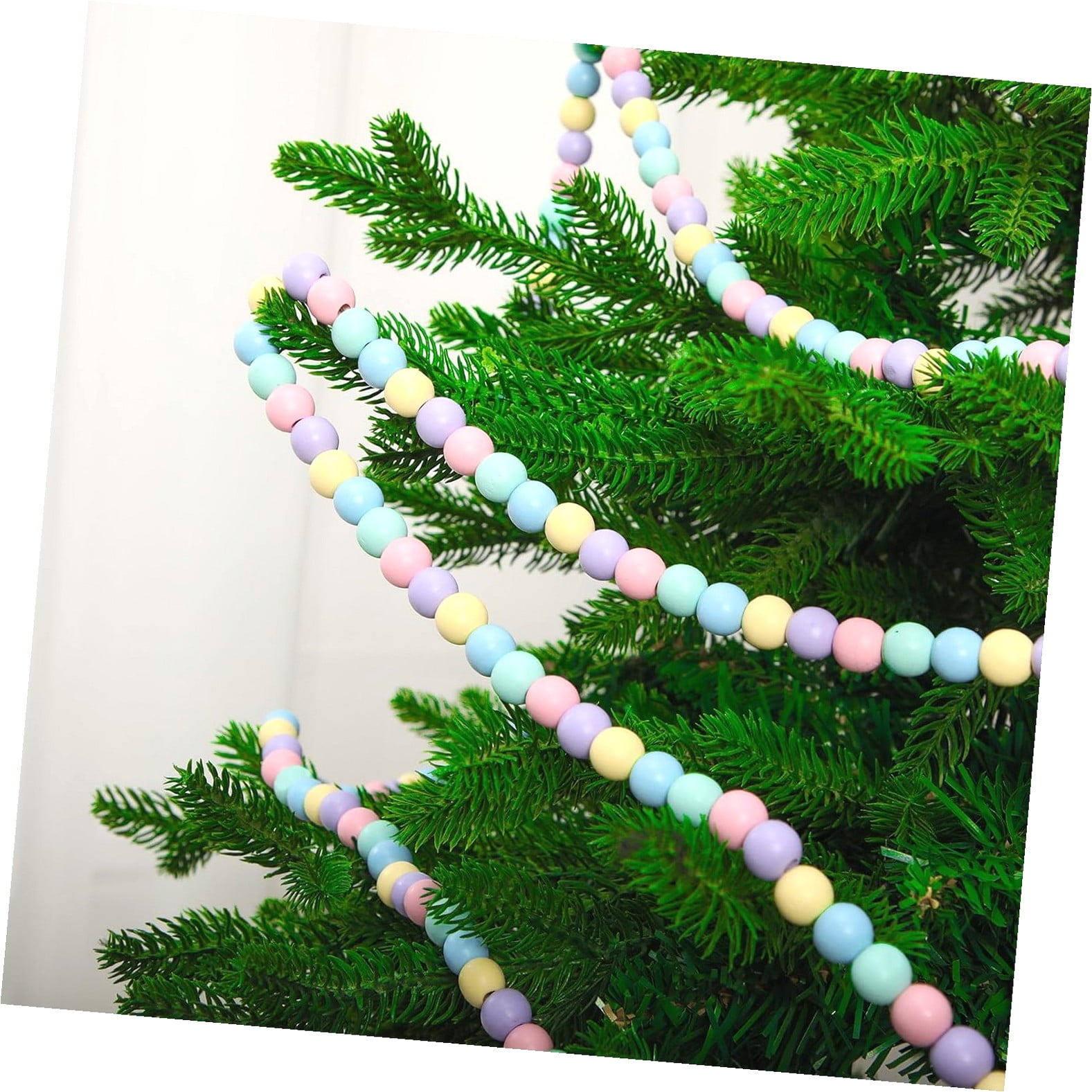 SKYSONIC 16 Feet Pastel Christmas Wooden Beads Garland 0.47 in Round Craft Wooden Christmas Tree Garland Country Farmhouse Xmas Decoration for Decor