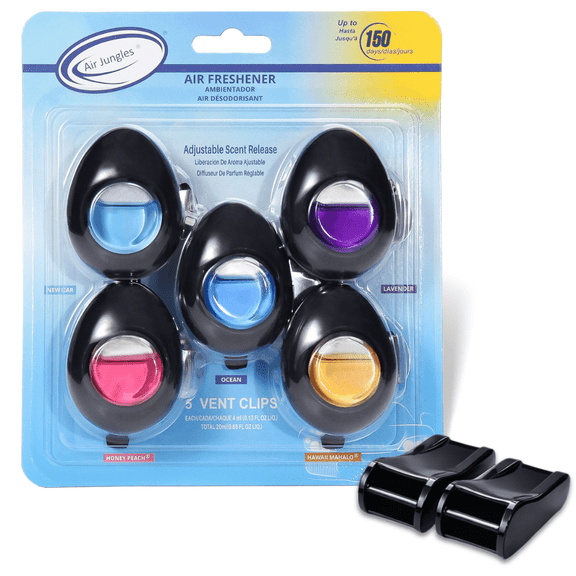 Air Jungles Car Air Freshener Vent Clip with Tesla Adapter, Variety Pack, 5 Count (4 ml Each), New Car, Ocean, Lavender, Honey Peach & Hawaii Mahalo Scents, Compatible with Tesla Model 3 & Y