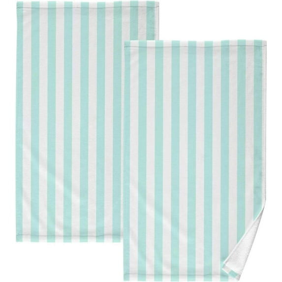 SKYSONIC 16"x28" Face Hand Towel Set, Green White Stripe Cotton Washcloths, Quick-Dry Highly Absorbent Bath Towels 2 PCS for Bathroom Ktichen Travel SPA Gym