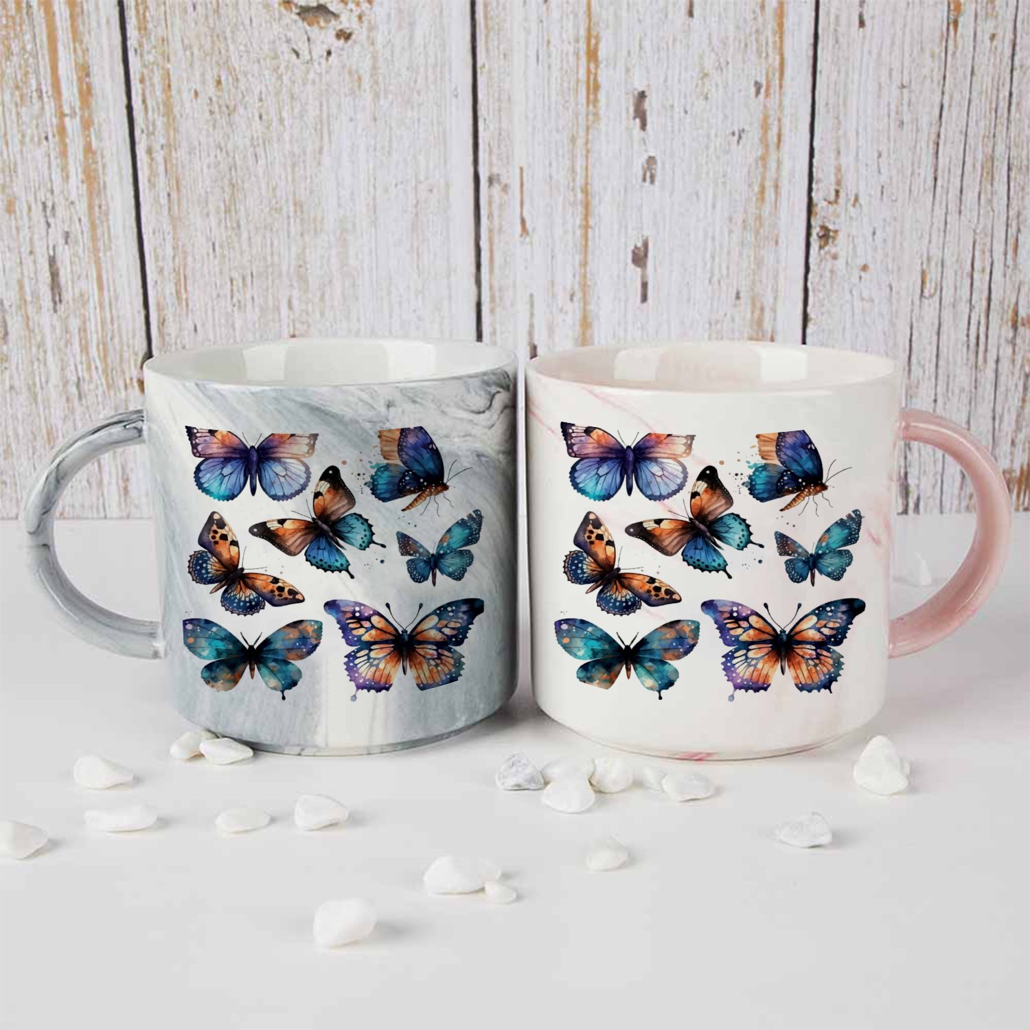 SKYSONIC 2 PC 400ml Ceramic Coffee Mugs, Flying Butterflies, Blue ...