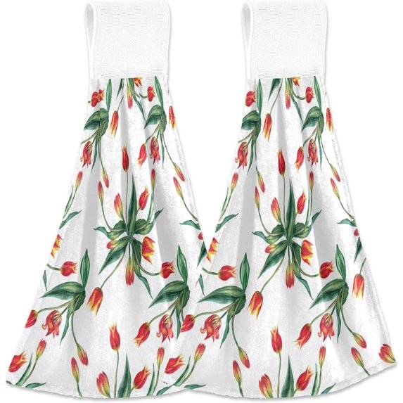 SKYSONIC 2 PCS 2 PCS Microfiber Hand Towels, Red Tulips Geometric Spring Soft Absorbent Kitchen Hand Towels with Loop, Quick Dry Microfiber Cleaning Cloths Bath Hand Towels, 12"x17"